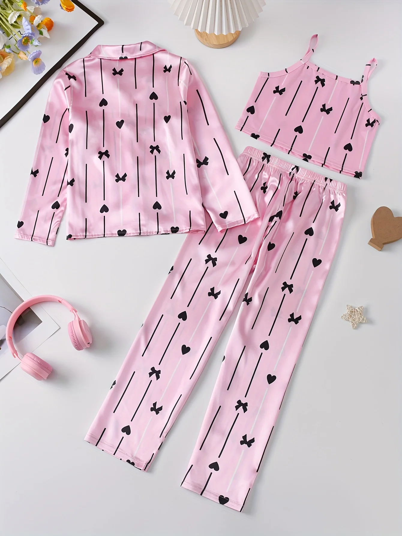 3-Piece Girls Striped Print Satin Pajama Set - Soft, Breathable Loungewear with Button Up Lapel Collar Blouse, Cami Top, Pants