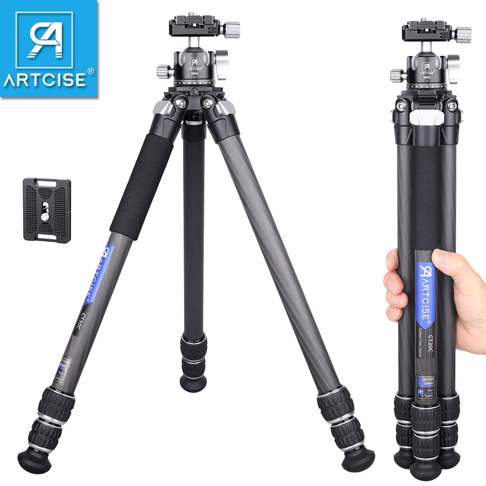ARTCISE CT30C Carbon Fiber Lightweight Tripod 3 Section 82.5cm Portable Camera Stand Max Tube 22mm for Camera Phone Load 15kg