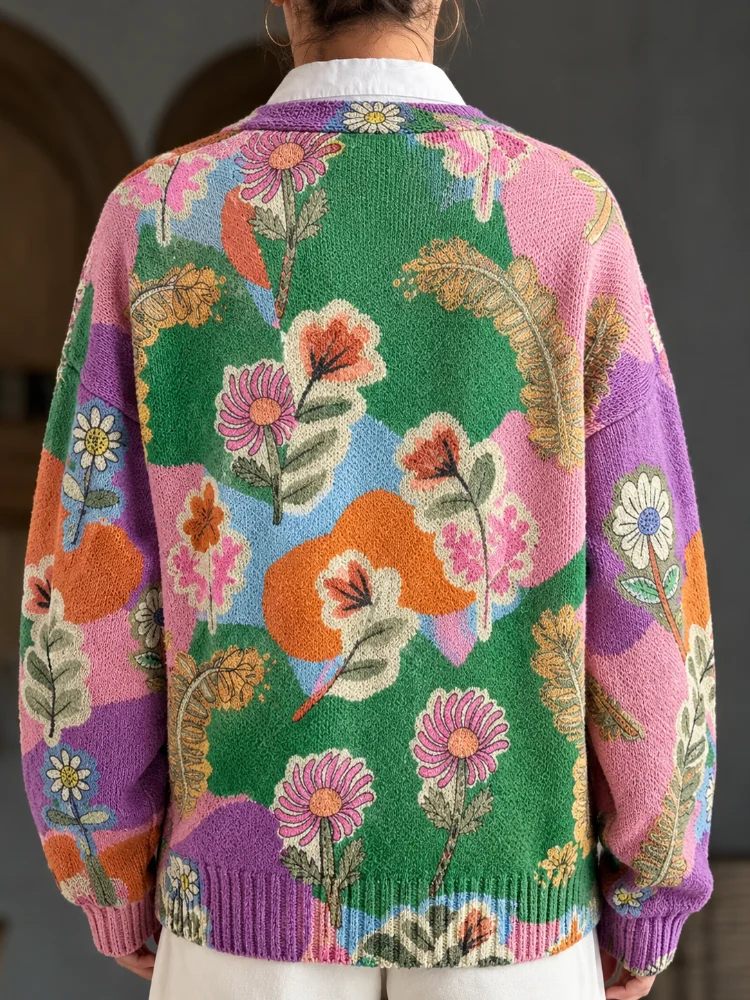 Women's Printed V-Neck Cardigan, Featuring a vintage Multi-Color Patchwork Wildflower Pattern. Bohemian Style, Suitable for Autumn and Winter Wear.