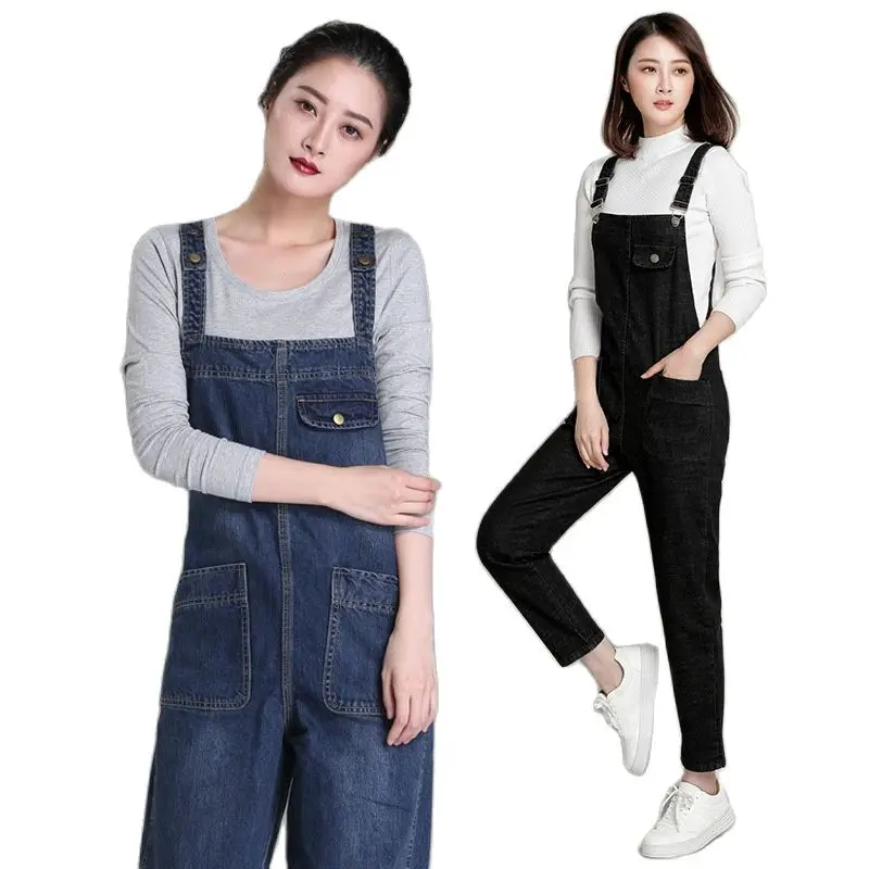 

Women's Plus Size Denim Bib Overalls Boyfriend Cropped Denim Jeans High Waist Jumpsuits & Playsuits Washed Romper Casual Pants