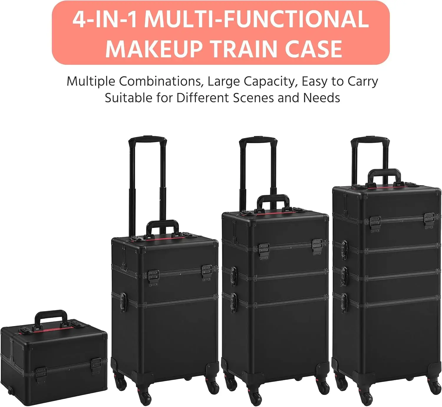 Rolling Makeup Train Case, Cosmetology Storage Cart With Drawers, Travel Salon Nail Beauty Organizer Trolley On Wheels, Mobile Hairstylist Display Box, Modern Black, Set Of One view 7