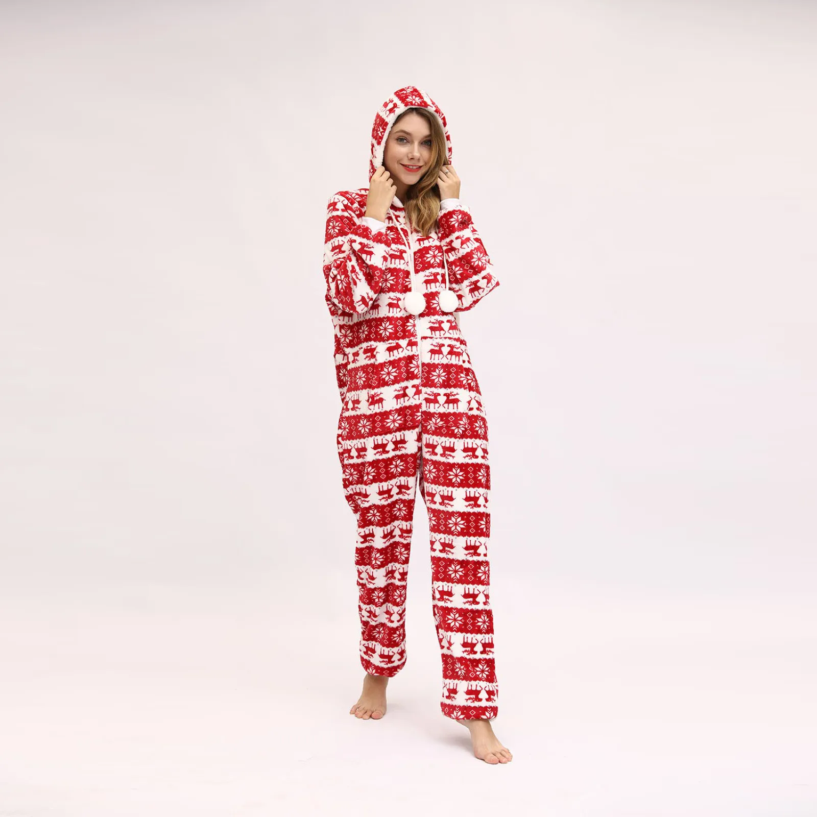 Women’s Christmas Printed Zipper Hooded Jumpsuit Nightgown Supersoft Thick Pajamas Slouchy Warm Loungewear Womens Sleepwear Set