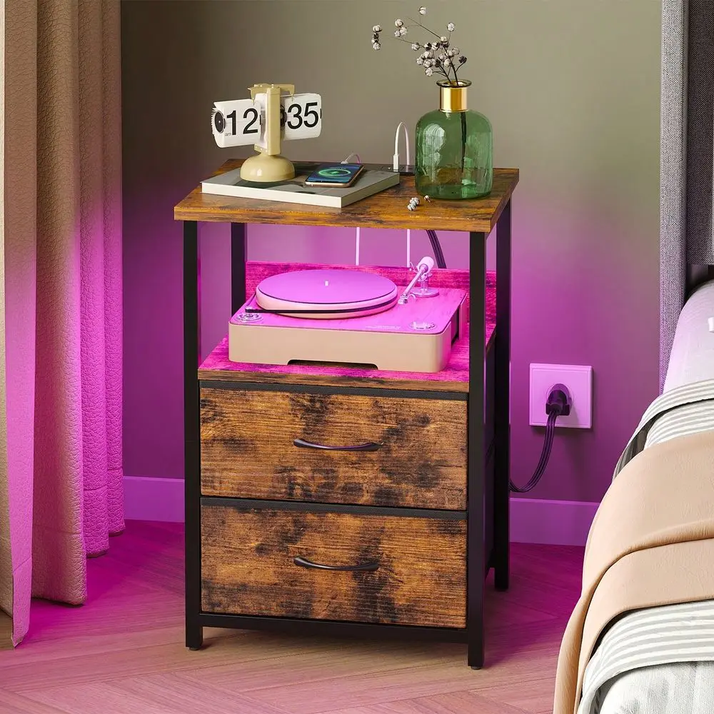 

2pcs Night Stand With Charging Station, LED Nightstand With USB Ports And Outlets, 2 Fabric Storage Drawers With PU Finish, Bed