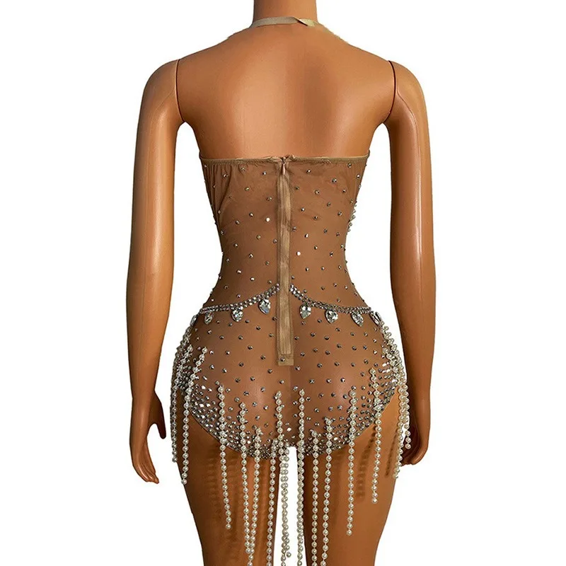 Pérola borla diamante desempenho terno maiô de luxo sexy malha elástica sem mangas sexy vestidos de cor sólida para mulher 2025 rsi