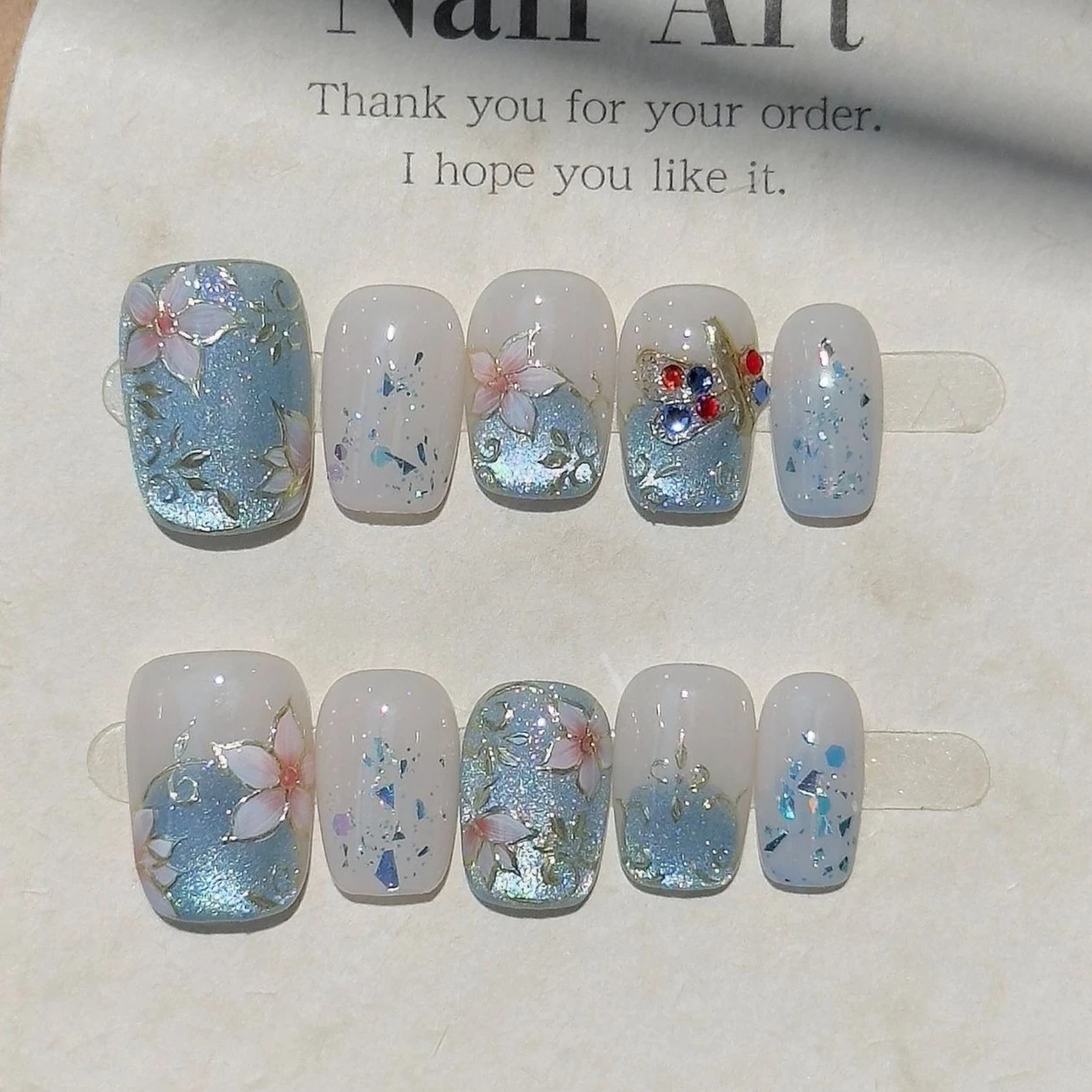 

10pc Blue Cat Eye Handmade Press on Nails Flower Fake Nails False Nails Artificial Nail Wearable Detachable Nail Tips Art Uñas