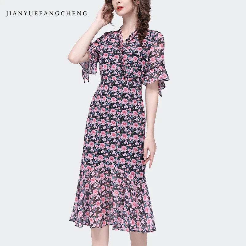 

Fullbody Flowers Print Women Summer Chiffon Long Dress Short Sleeve V-Neck Ruffles Elegant Bodycon Mermaid Dress For Office Lady