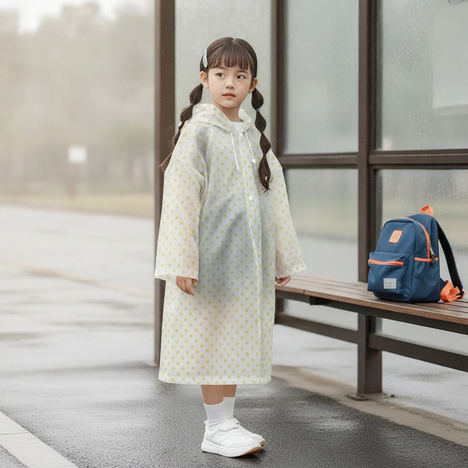 Raincoat with Hood Waterproof Raincoat Rain Poncho Full-Body Rainwear Translucent for Children, School, Travel