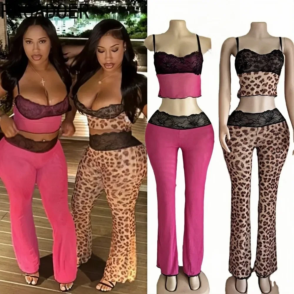 FAGADOER Sexy Sweet 2 Piece Sets Women Outfit Mesh See Through Lace Patchwork Crop Top And Pants Suits Hot Girl Streetwear