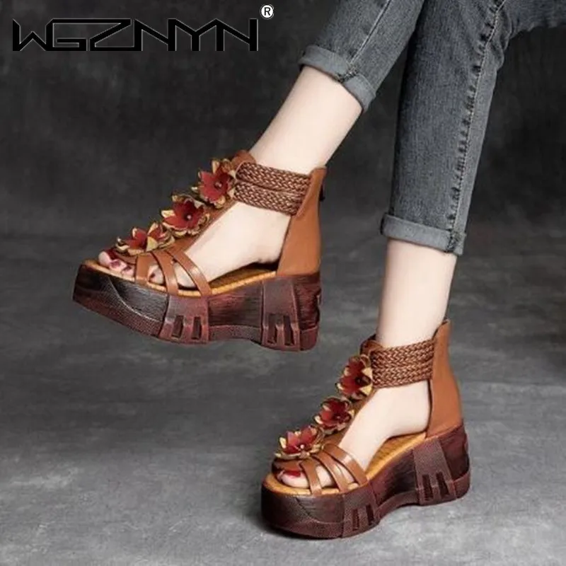 2023 Retro Summer Women Flowers Sandals Genuine PU Leather Open Toe Shoes Casual High Heel Wedges Platform Sandals Woman