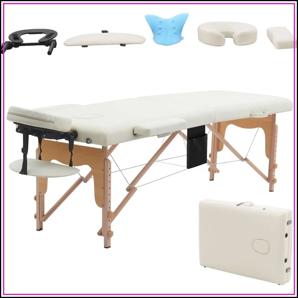 Portable Massage Table 84in with Neck Stretcher, Adjustable Beauty Bed for Tattoo & Lash, Ivory