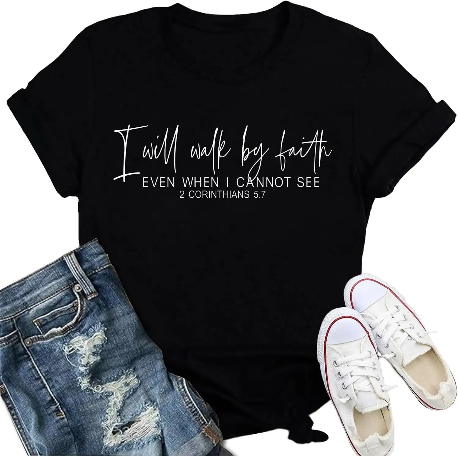 Christian Shirt for Women I Will Walk by Faith Funny Creative Graphic T-Shirt Letter Print Inspirational Religious Short Sleeve
