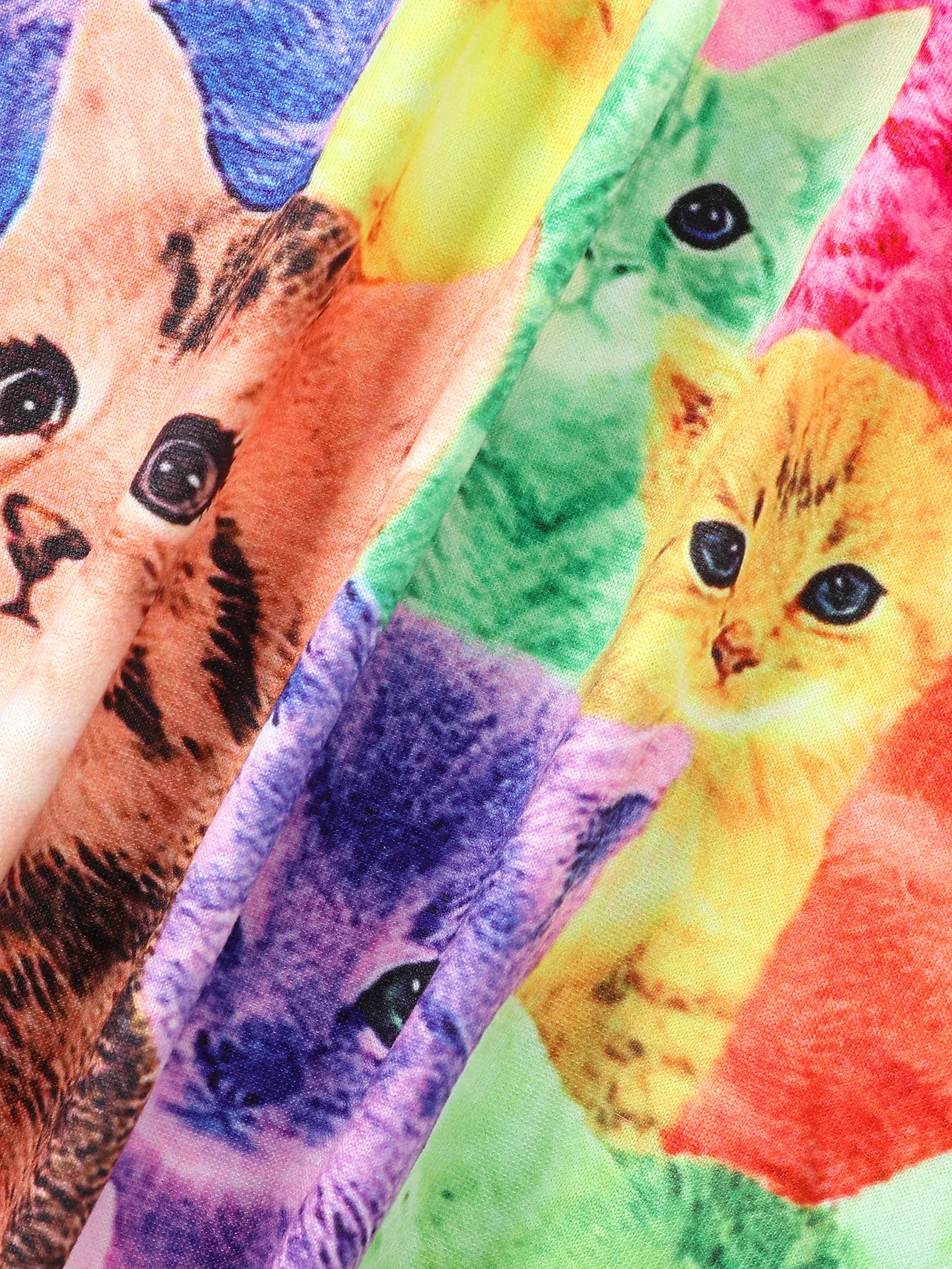 Cute and fashionable multi colored cat printed round neck short sleeved waist casual dress for girls