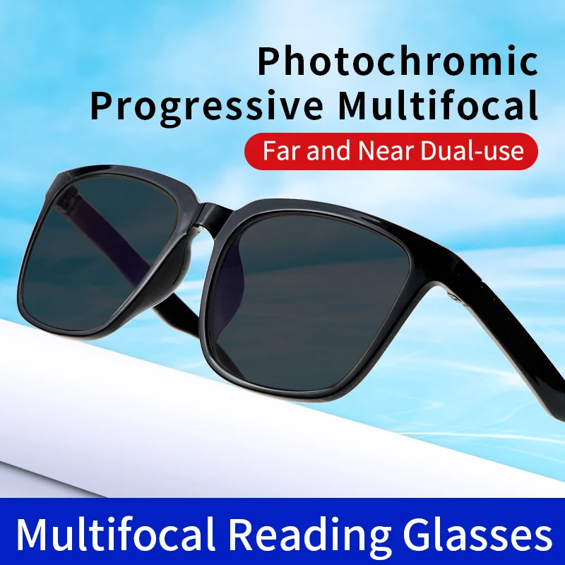 Photochromic Gray Progressive Multifocus Reading Glasses for Men, Large Oversized Full Frame Lightweight,Rectangle Glasses