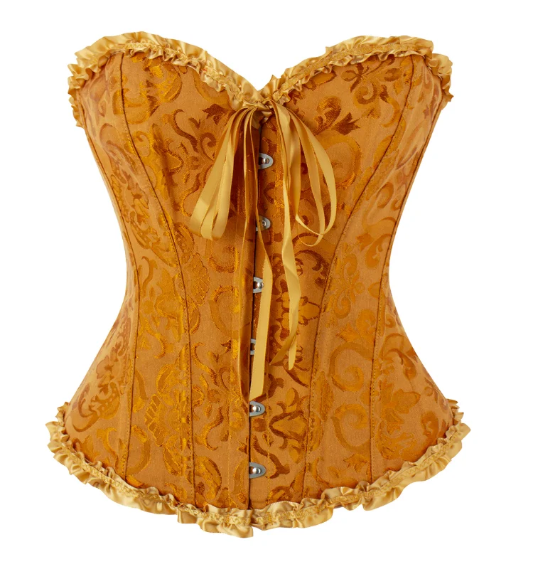 Damen-Overbust-Korsett, Vintage-Jacquard, Rüschen, Schleife vorne, Busk hinten, Schnürung, Taillenformer, Freizeit-, Party- und Alltagskleidung – Detail 31