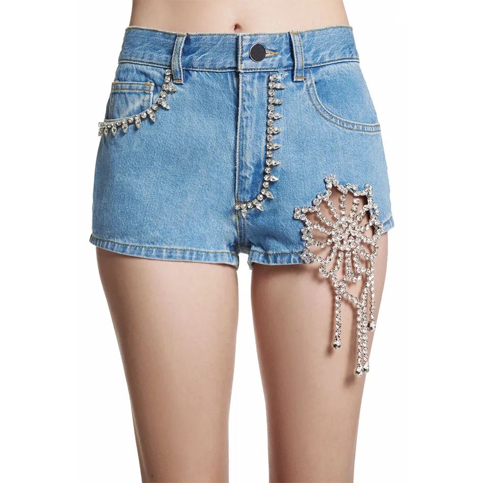 

YOUR BUMP CURVE High Waist Zipper Crystal Metal Decor Sexy Babes Summer Fashion Rhinestone Denim Shorts