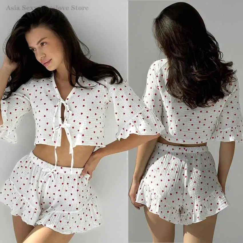Summer New Women Cotton Heart Print Pajamas Ruffle Trim 2 Pcs Lace-Up Shirt&pant Nightwear Gentle Style Home Wear Sleepwear