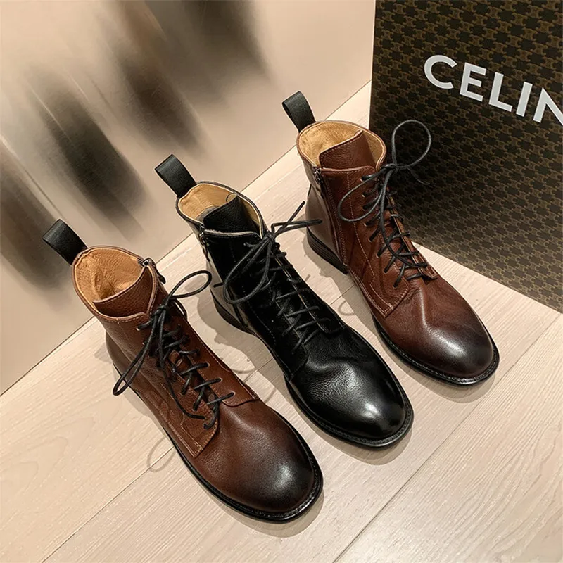 2023 New Autumn/winter Women Boot Round Toe Chunky Heel Fashion Genuine Leather Short Boots for Women Handmade Retro Low Heels