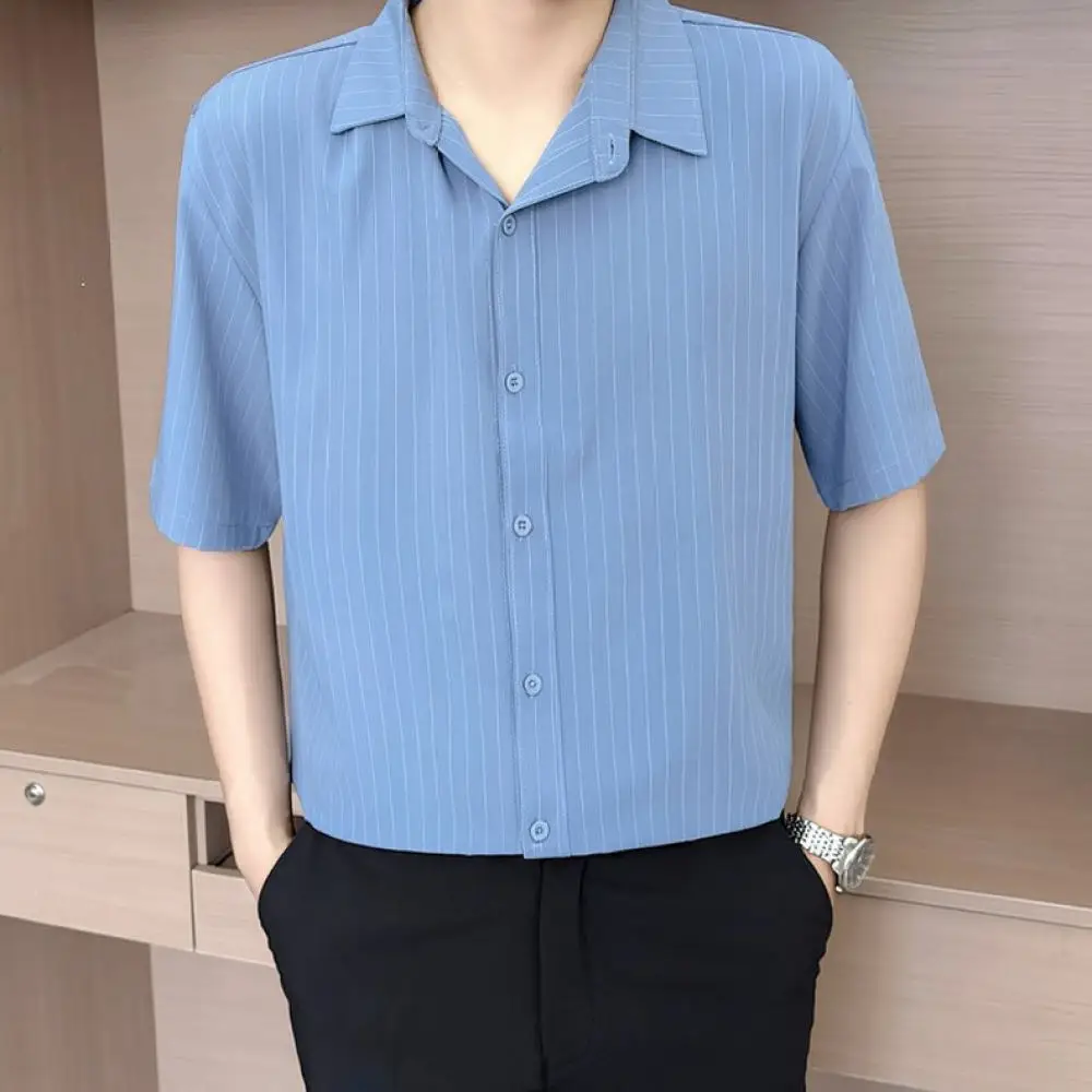 Mens Summer Casual Short Sleeve Shirt Vertical Stripe Slim Fit Tops Fashion Business Style Breathable Comfortable Daily Apparel