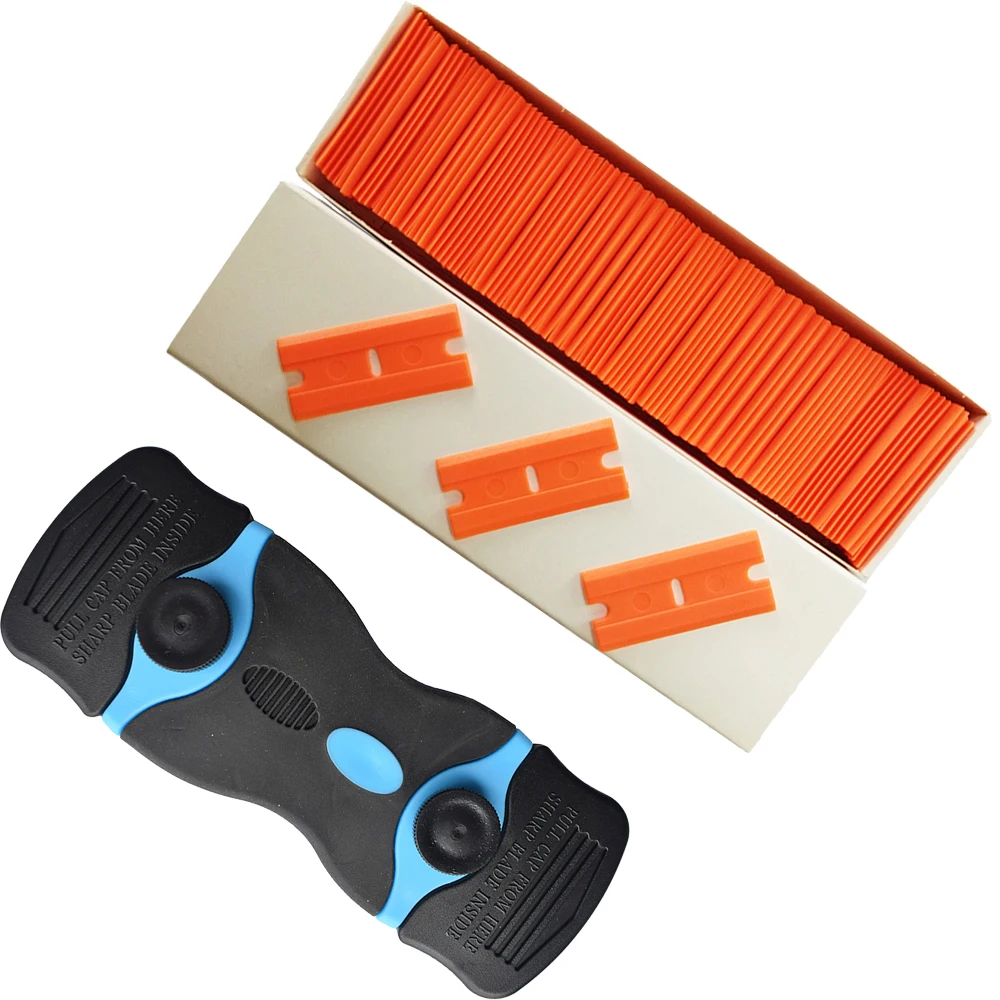 

100 Пластиковые лезвия бритвы, двойной скребок для окон, наклейка для очистки стекла, фотопленка для удаления клея, автомобильный инструмент E21