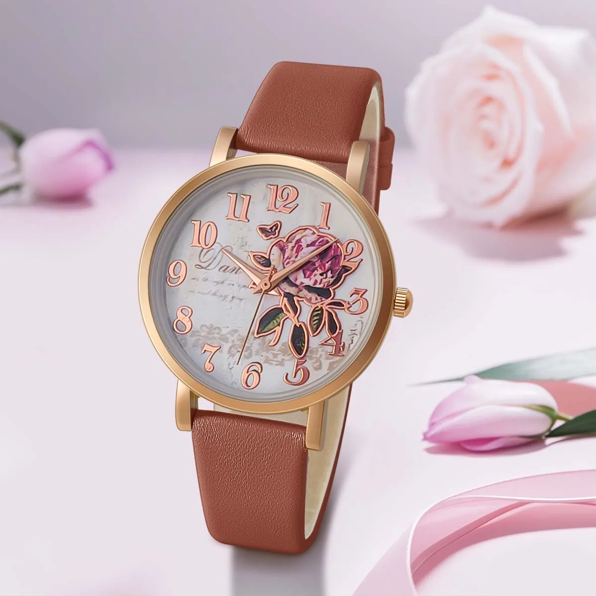 New Style Fashion Casual Luxury Women Peony Dial PU Leather Quartz Watch Elegant Popular Versatwrist Watch Hoilday Gifts Present