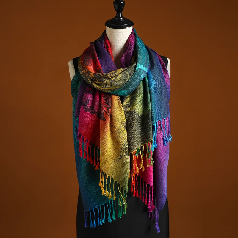 Elegant Peacock Feather Jacquard Scarf with Gradient Colors and Tassels - Perfect for Mardi Gras, Beach, and Casual Wear