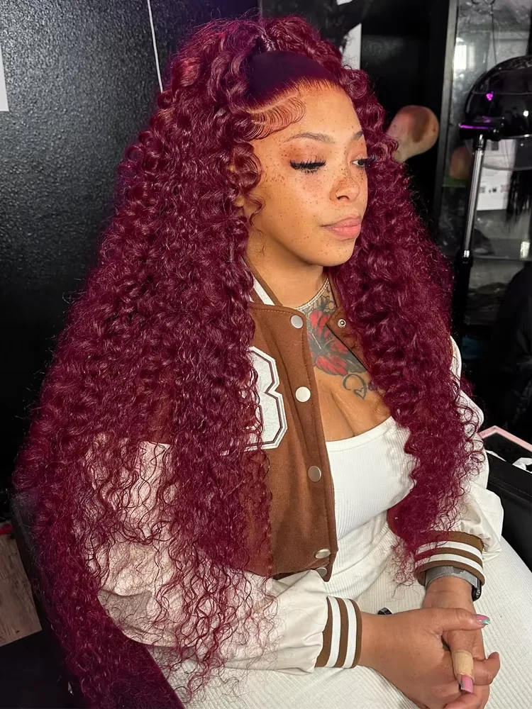 

99J Burgundy Curly 13x6 Hd Lace Frontal Wig Human Hair 100% Brazilian 13x4 Water Deep Wave Red Colored Wig For Women 30 34 Inch