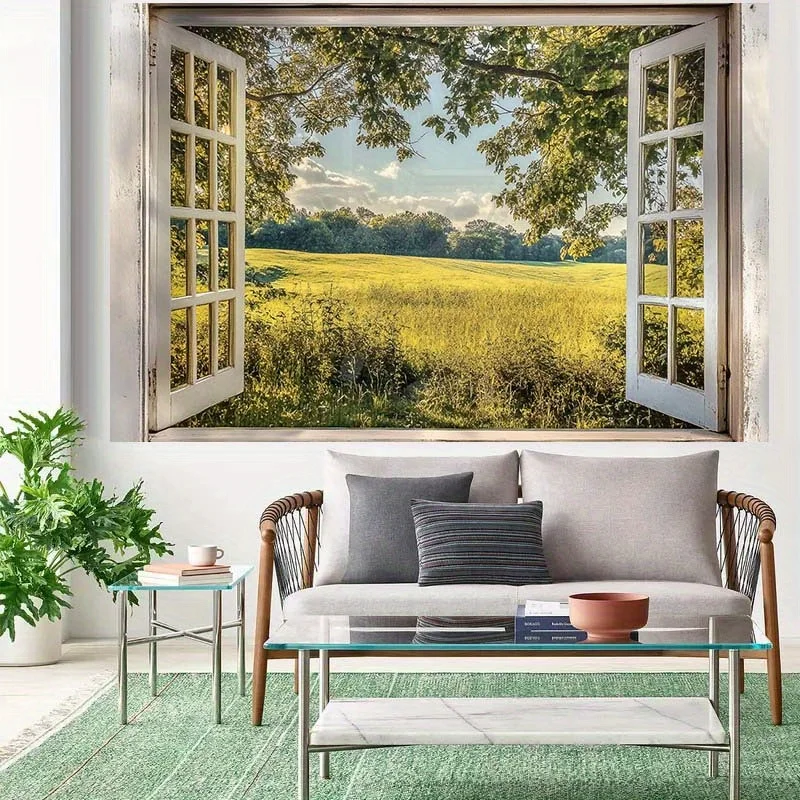 قطعة واحدة من ملصقات الحائط لمشهد النافذة الطبيعية الغامرة - تصميم نافذة مفتوحة واقعي مع الخضرة وأشعة الشمس