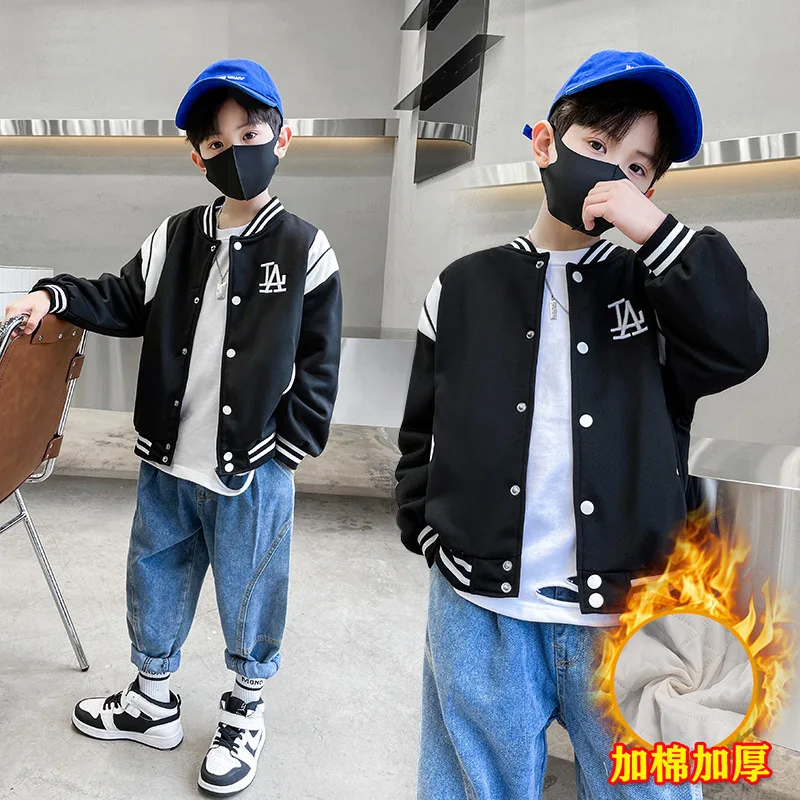 Teens Thick Jacket Boys Baseball Coat Kids Warm Autumn Winter Outerwear New Round Neck Letter Clothes Children's Tops