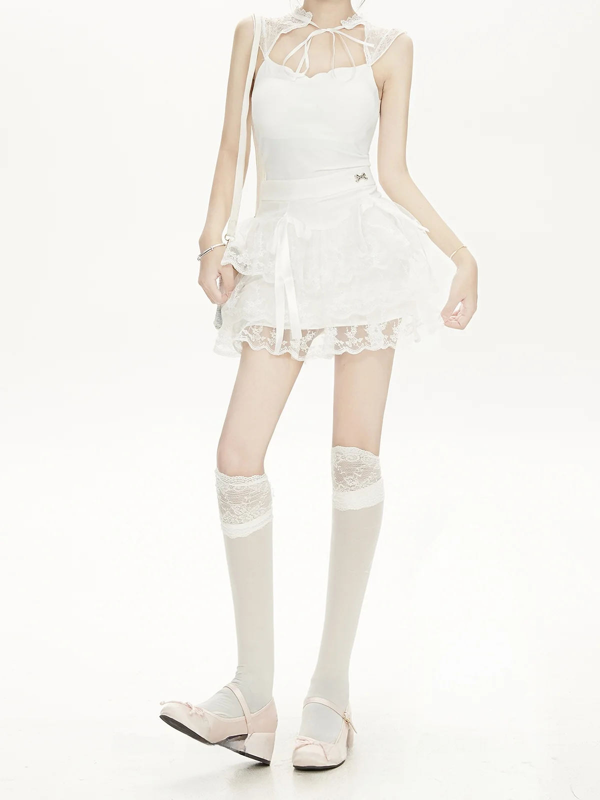 Pure Desire Style Short White Lace Splice Puffy Skirt Women's Spring Autumn New Cake Half-length Skirt High Waist Polyester F...