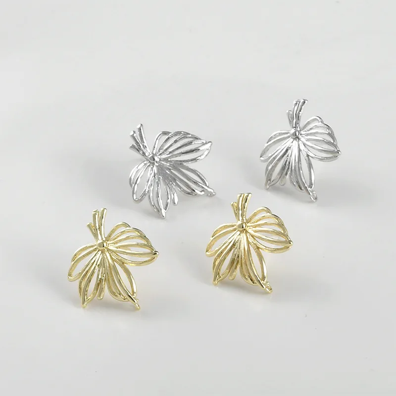 14K Gold Color Hollow Maple Leaf Stud Earrings Leaf-shaped with Rings 925 Silver Needles Handmade DIY Ear Jewelry Accessories