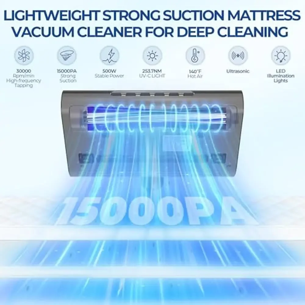 Mattress Vacuum Cleaner UV-C Light HEPA Filter 140℉ Heating 500W 15Kpa Strong Suction Lightweight Portable Washable Filter