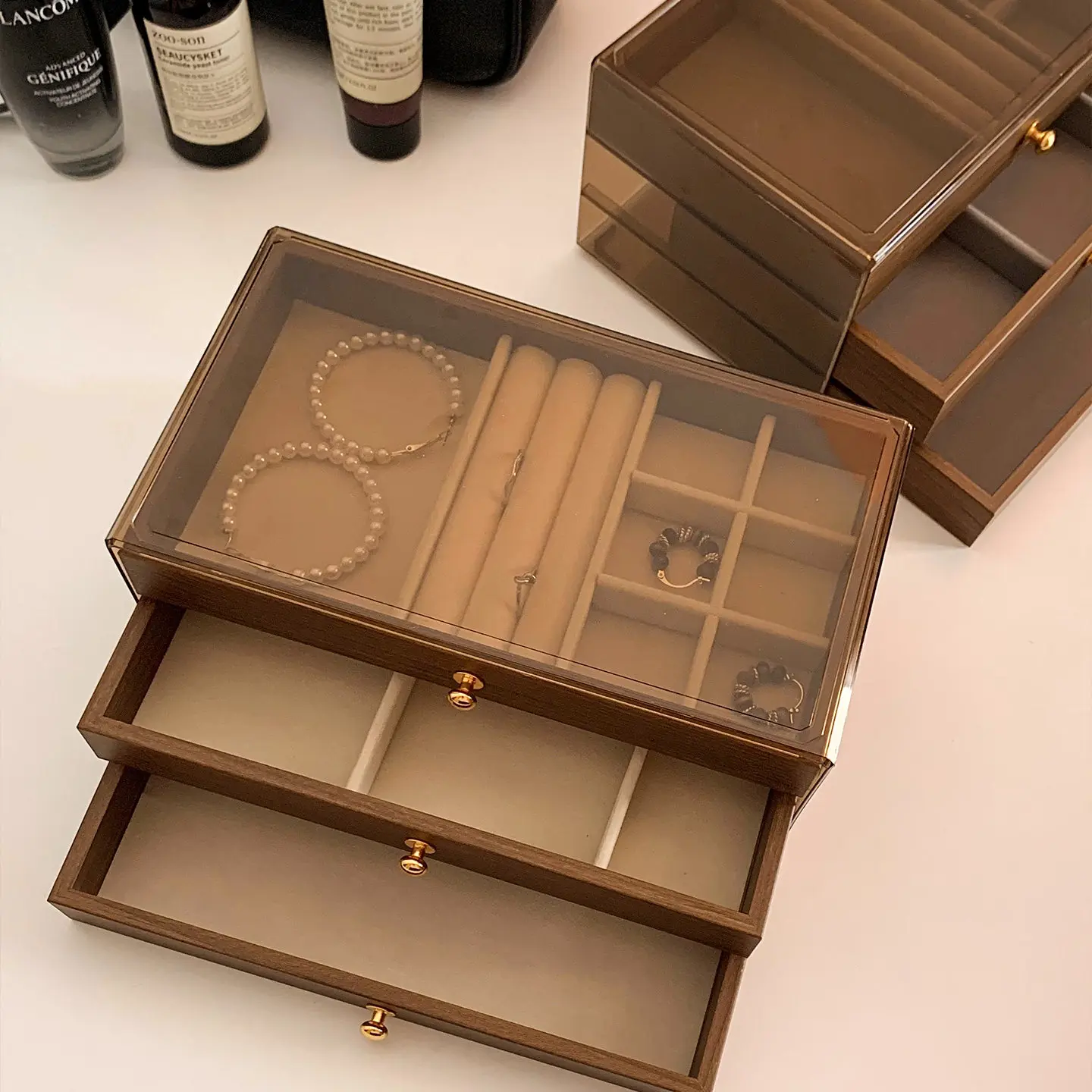 Three-tier jewelry box multi-layer walnut color ring and necklace storage box display box jewelry box