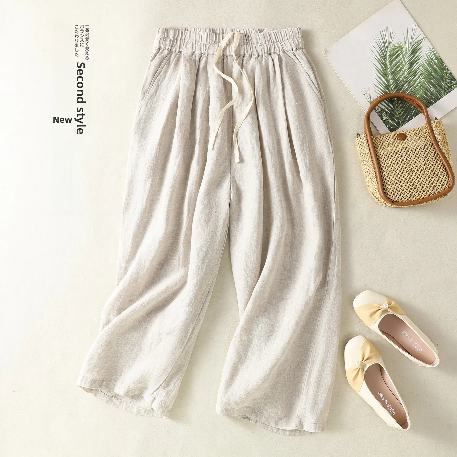 

Ladies plus Size Harem Pants Vintage Wide Leg Cotton Linen Loose Casual Nine Point Pants Commute Style Artistic Pocket Element