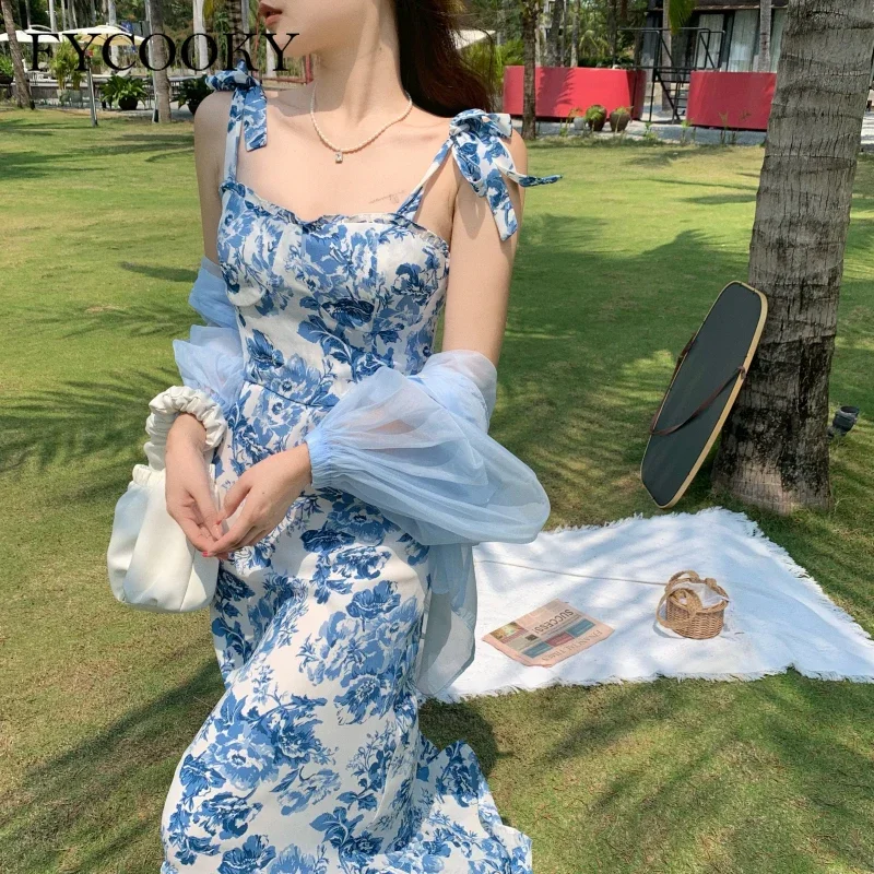 French Vintage Floral Straps Dress Women 2025 Summer New Fishtail Long Dress Ladies Elegant Ruffle Sleevless Dresses
