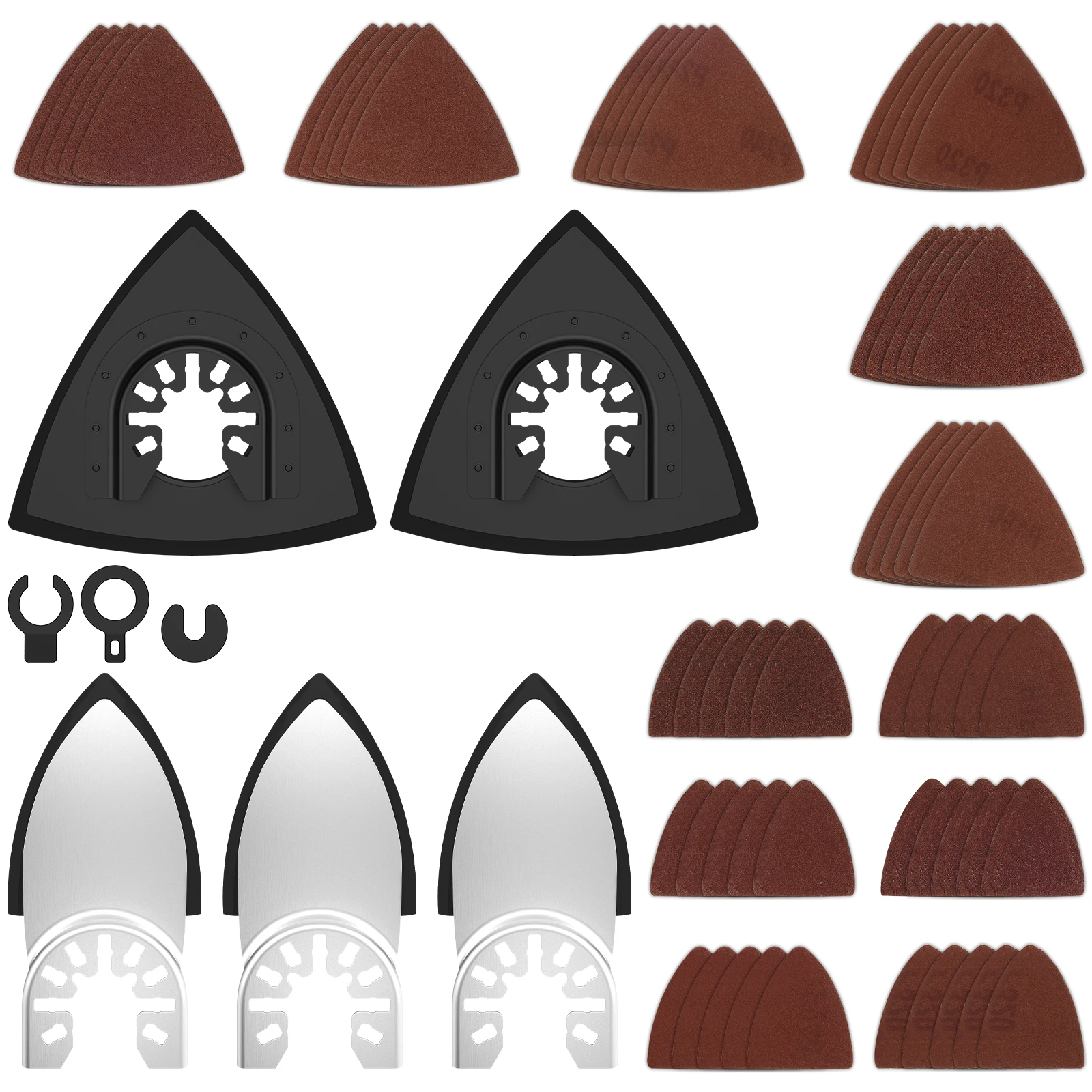 

65 шт., осциллирующий инструмент, комплект шлифовальных подушечек, универсальная треугольная шлифовальная подушечка на липучке, многофункциональная треугольная наждачная бумага в ассортименте