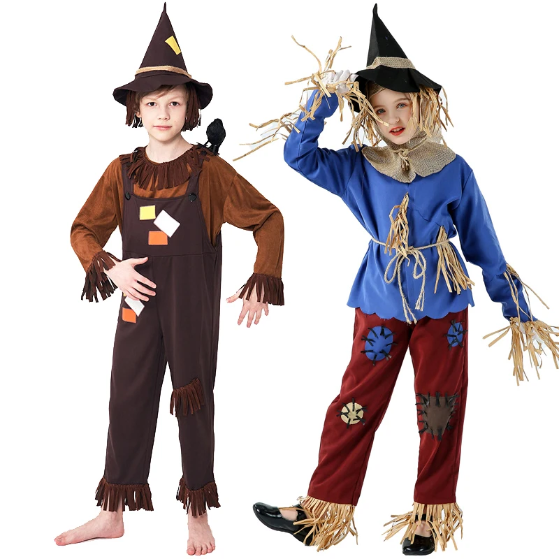 Unisex Child Scarecrow Costume The Wizard Magic Fairy Tale Role Play Cosplay Carnival Halloween Fancy Party Dress