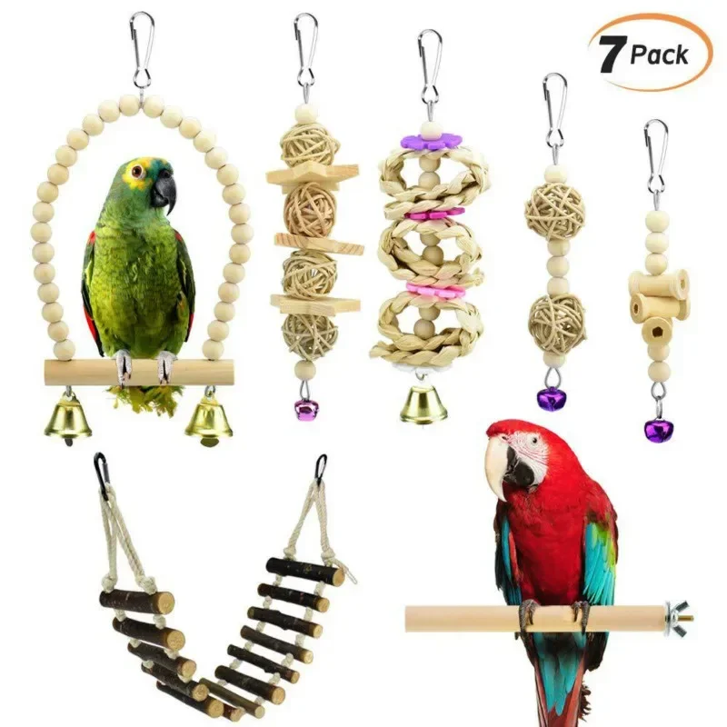 Parrot Bite Toy Assembled Toys 7-Piece Set Log Ladder Swing Bite String Bird Toys