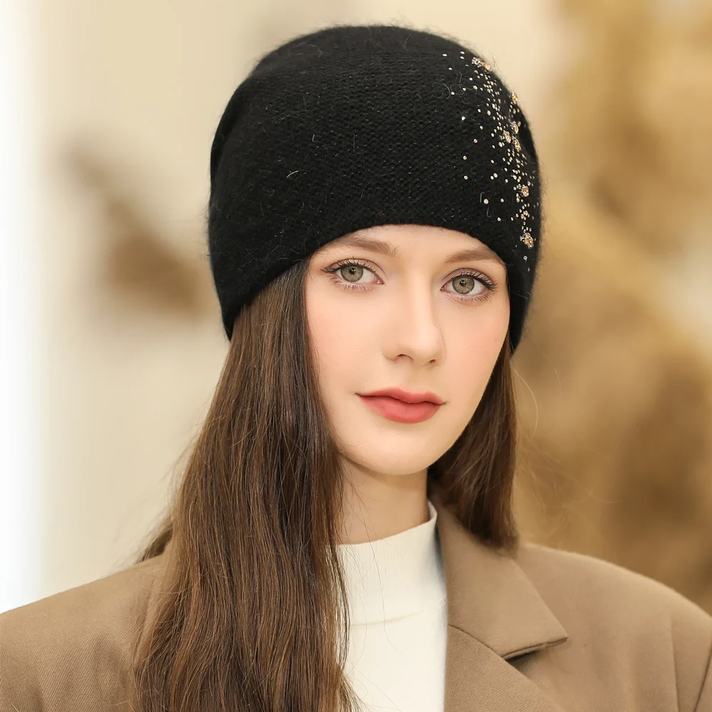 New Women Winter Hat Fashion Decorate Beanie Hat Rabbit Fur Blend Warm Winter Cap For Female Casual Streetwear Knitted Hat