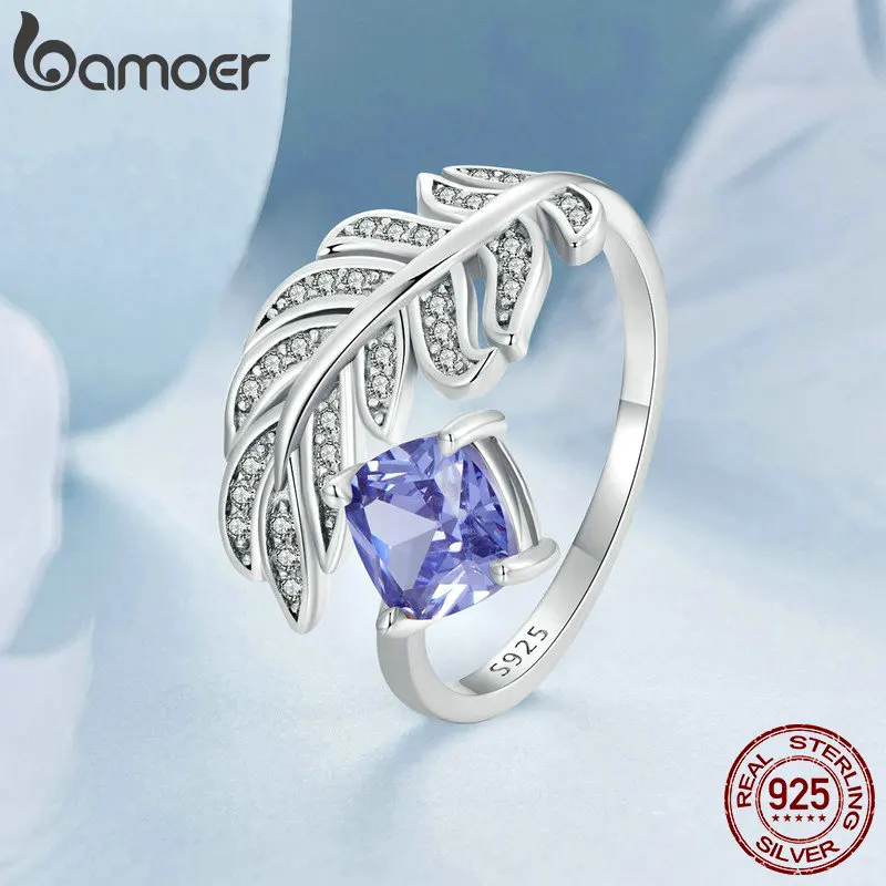 BAMOER 925 Sterling Silver Adjustable Feather Sapphire Original Design Ring For Women Girl Engagement Birthday Party