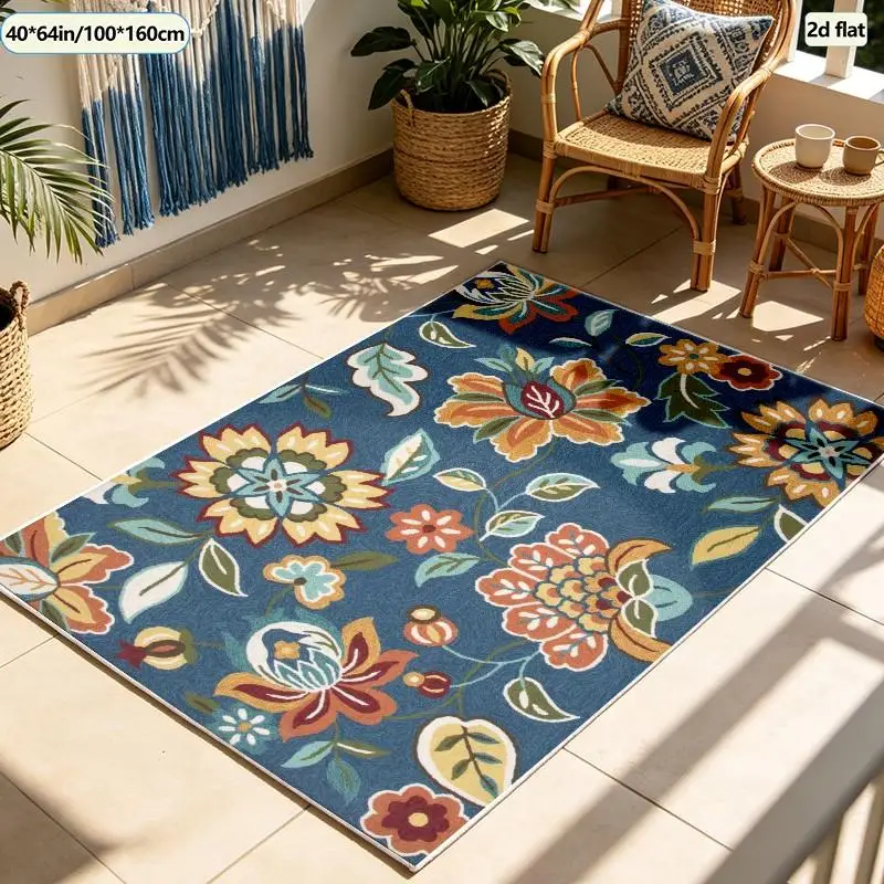 1 Piece Deep Blue Floral Woven Rug, Soft and Comfortable, All-Season, Easy to Maintain, Ideal for Living Room, Bedroom, Entryway, Home Decor for Autumn and Winter