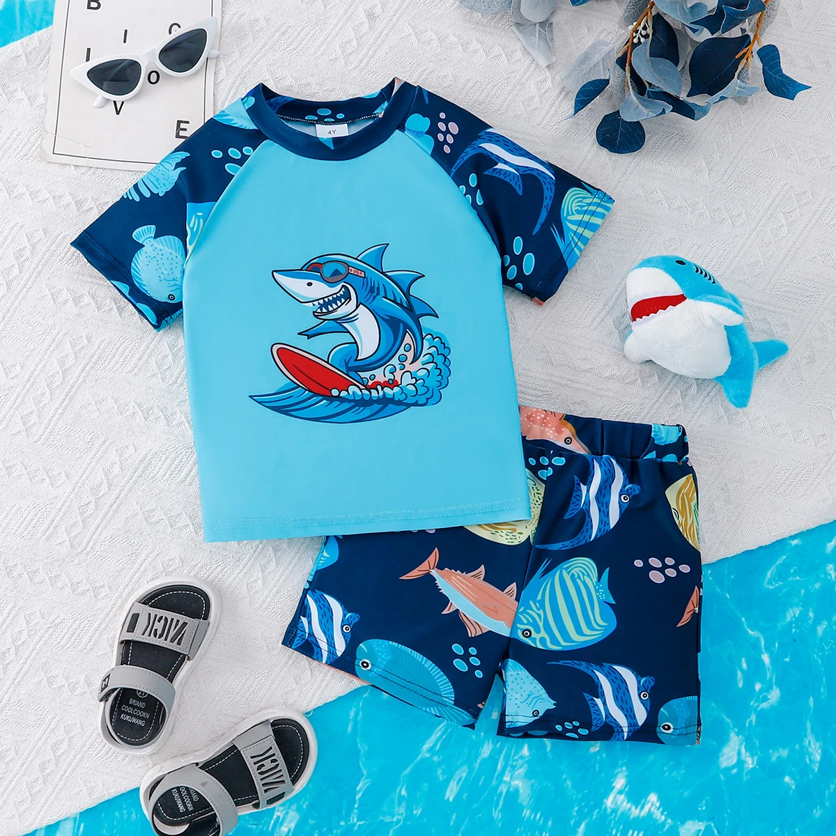 2pcs Summer Boys Shark Print Swimsuit Set, Short Sleeve Rash Guard + Swim Trunks, Cool Style, Beach/Pool Wear, 1‑8Y, Quick Dry F