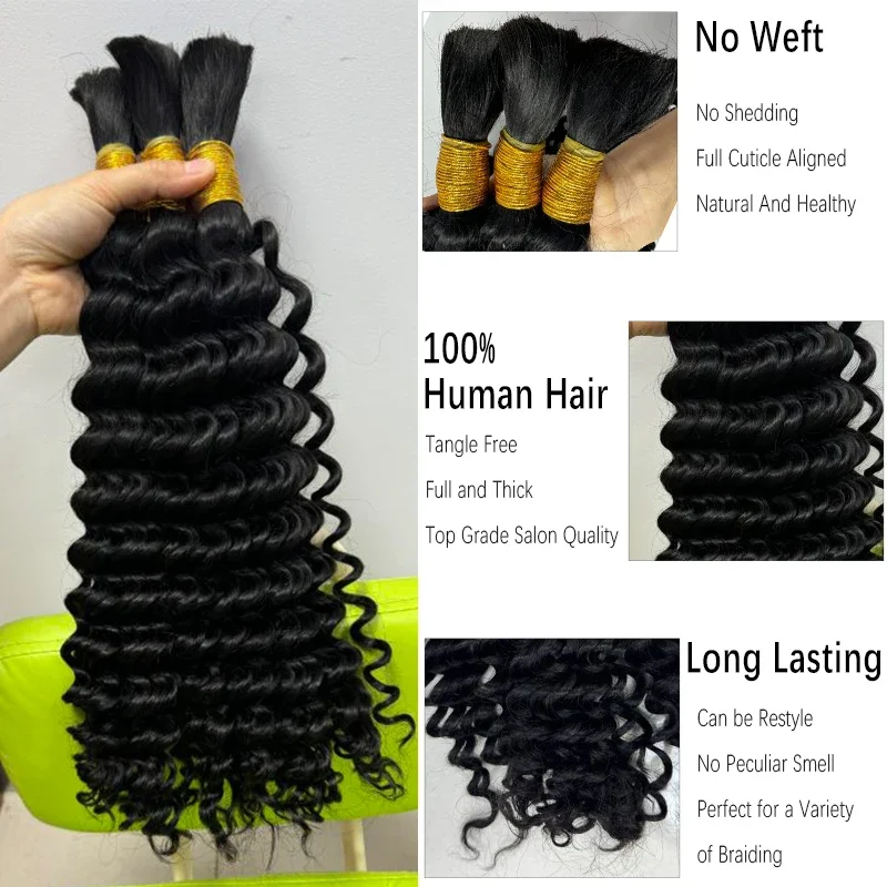 Cabello humano a granel de onda profunda para trenzar, 100G, sin trama, extensiones de cabello humano Natural, onda de agua a granel para trenzas bohemias sin nudos