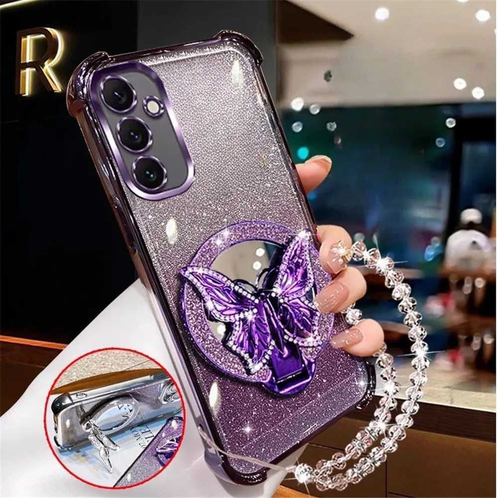 Crystal Bracelet Glitter Butterfly Mirror Stand Case For Samsung A51 A31 A21S A50 A20 A30 A70 A71 A11 M56 Soft Shockproof Cover
