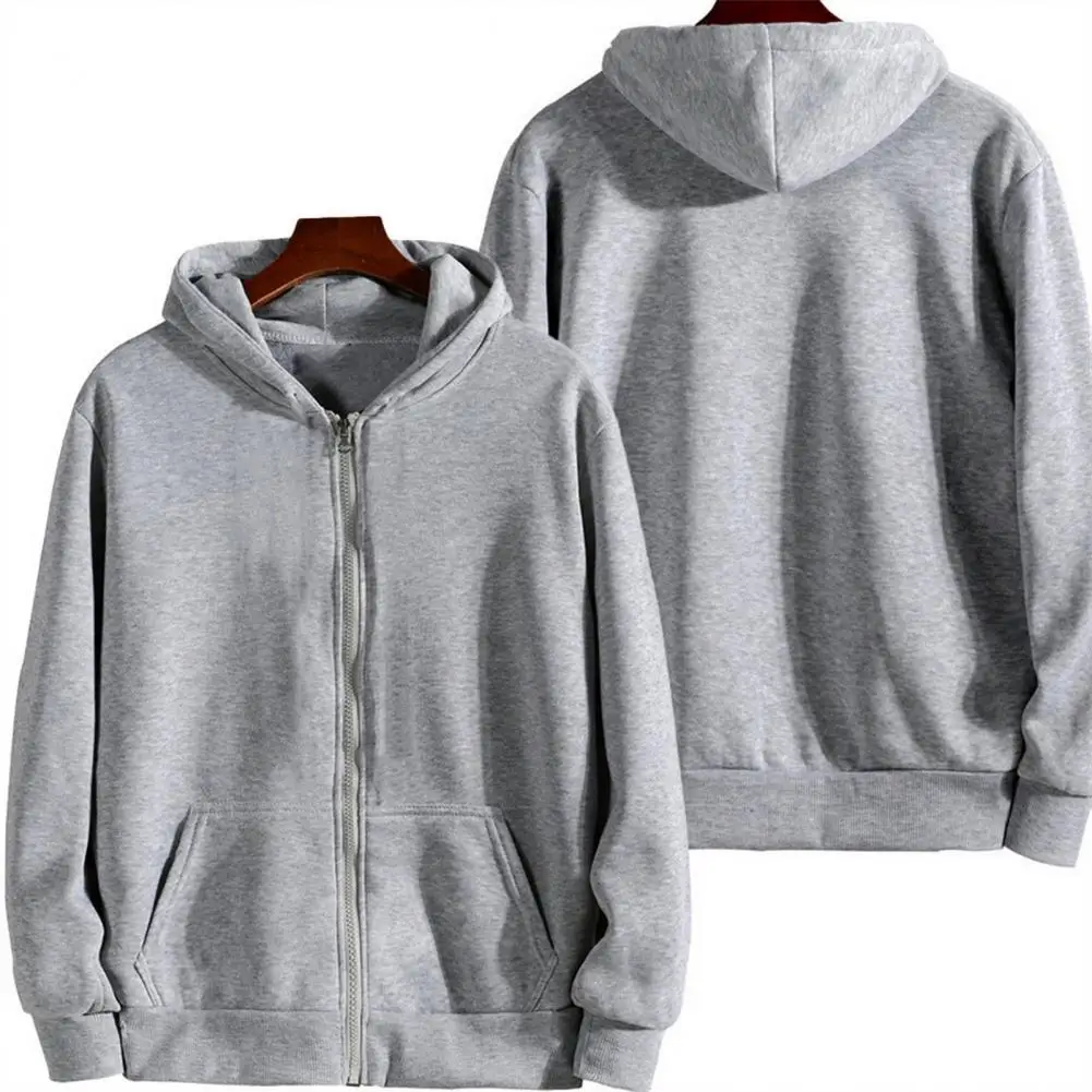 

Thick Fleece-lined Hoodie Men's Thick Plush Hoodie with Double Pockets for Outdoor Work Sport Zip-up Coat with Elastic Cuff