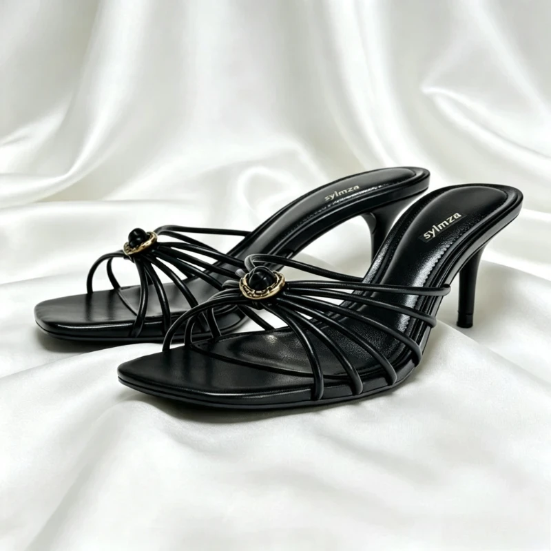Luxury Metal Detail Heeled Sandals Women Fashion Narrow Band Square Toe Design Stiletto Slide Sandal Street Style Open Toe Heels