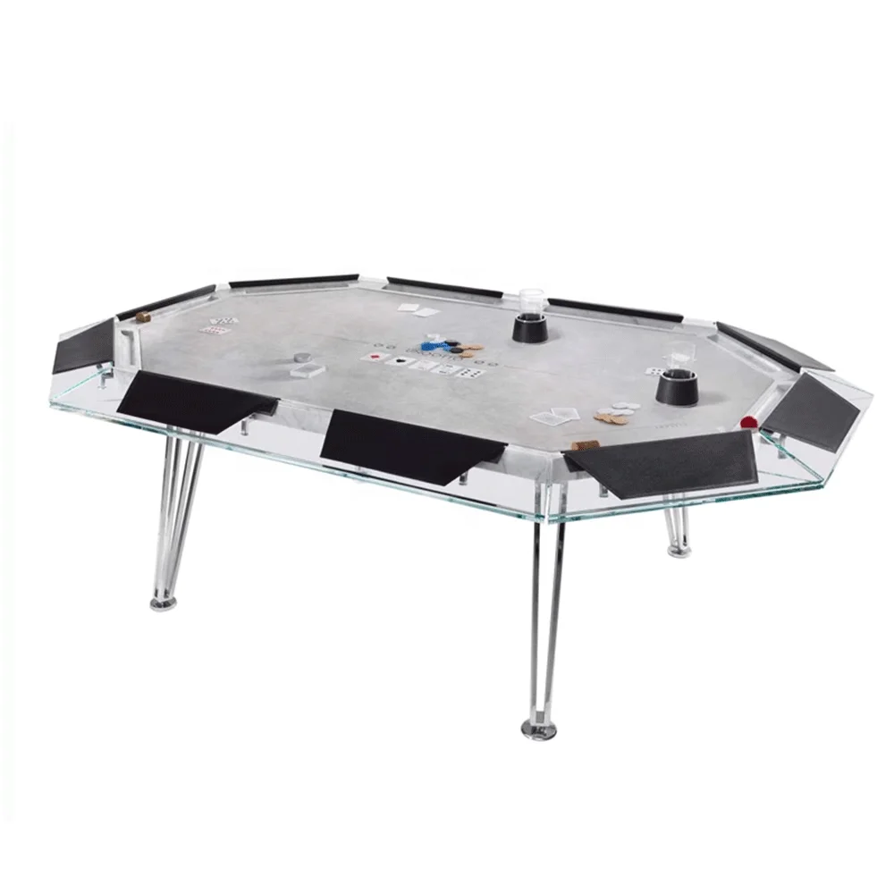 Professional 10 Seat Casino Gambling Poker Table Tempered Glass Top Stainless Steel Base Luxury Durable Commercial Gaming Table