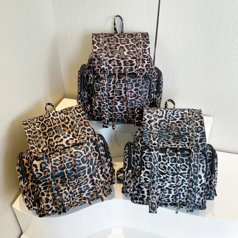 Leopard Colorblock Fashion PU Backpack Large Capacity Flap Drawstring Personalized 2024 Hot Sale Bags for Women Mochila