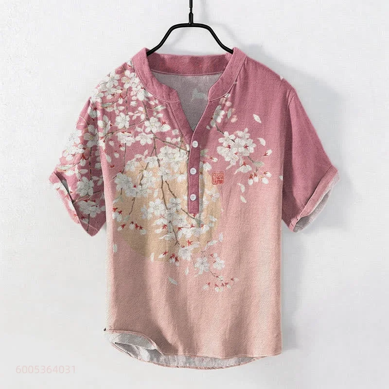 Men's POLO shirt with crane, red sun and wave print, short-sleeved, versatile casual top for everyday commuting and outings.