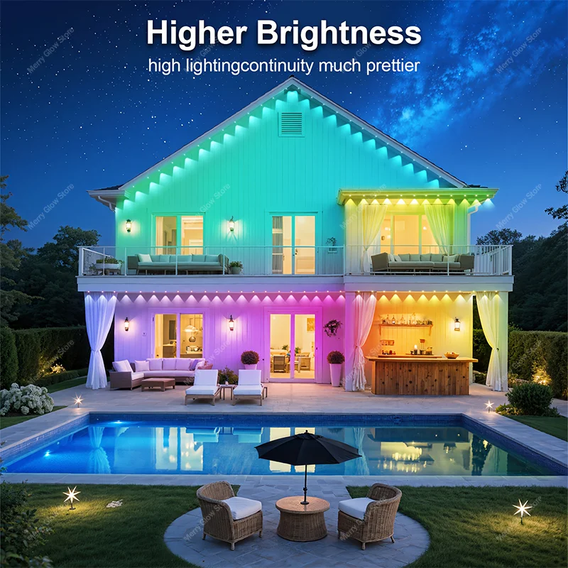 200FT 120LED Permanent Outdoor Smart Eaves Light Bluetooth App Control RGBIC DIY Decorative Lights For Christmas Halloween Decor