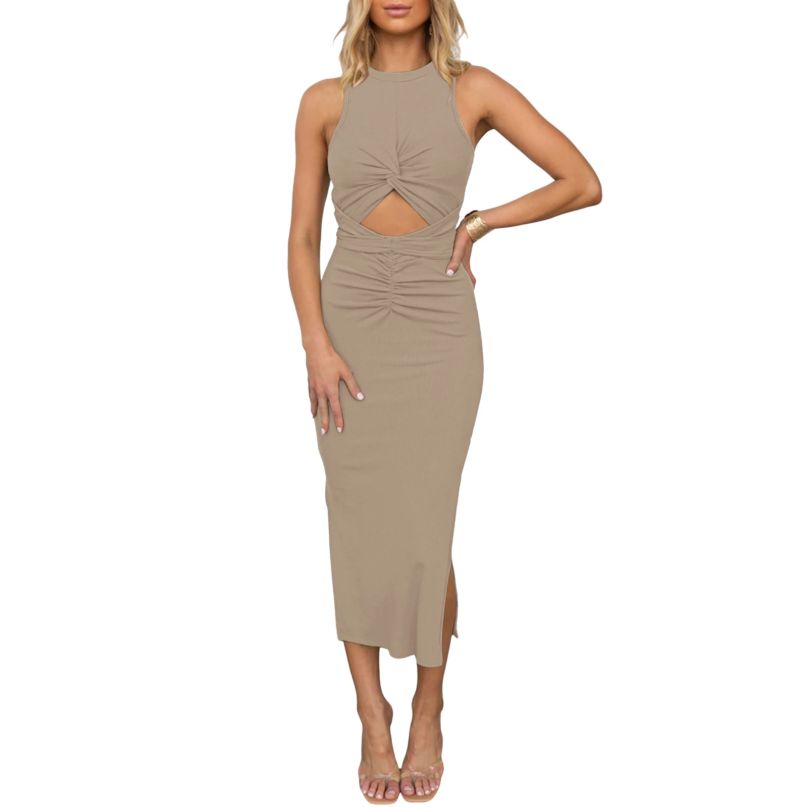 

Womens Sexy Sleeveless Hollow Out Slim Bodycon Dress Crewneck Crisscross Rose Dress for Women Summer Dress for Women